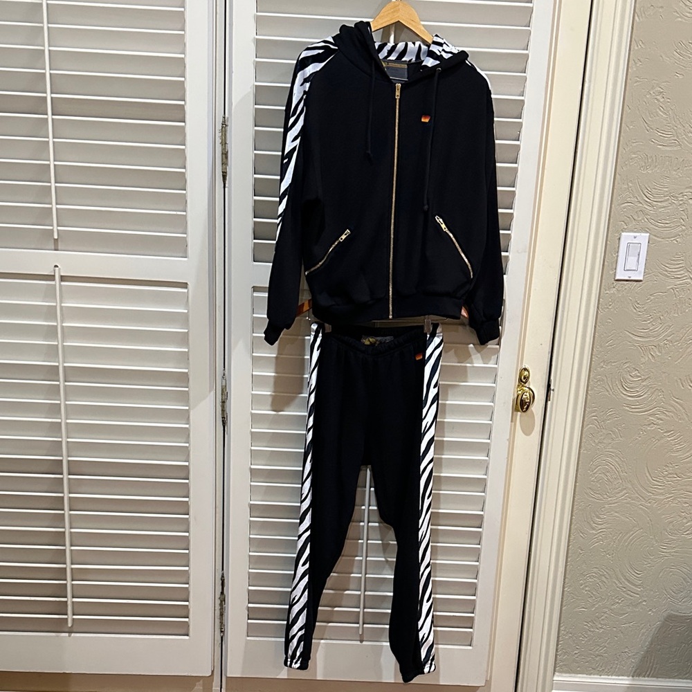Aviator Nation Black Sweatsuit With Zebra Print on Sides. Size Small